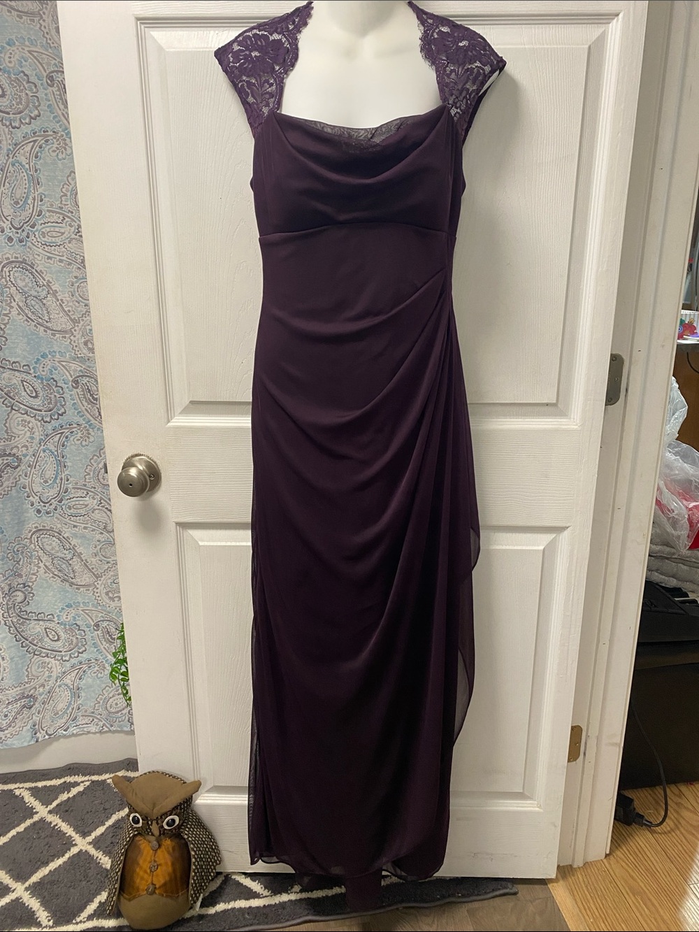 Elegant Plum Lace-Shoulder Evening Gown By: Xscape
